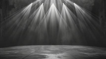Wall Mural - A dark and empty stage illuminated by a single spotlight. The background is black and the lighting design is monochromatic.