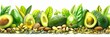 Assorted healthy fats selection with avocado, nuts, seeds, olive oil, copy space for text or design