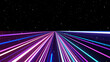 4K of Traveling through star fields space colorful light glowing. Space Nebula moving with stars space nebula (Video galaxy). neon lines with glowing speed trails. Appear, slide up and fade way center