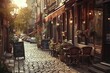 A cozy cafÃ© nestled on a cobblestone street, where patrons sip steaming cups of coffee and indulge in freshly baked pastries.