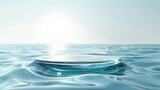 Fototapeta Przestrzenne - Empty clear glass circle podium on blue transparent calm water texture with waves in sunlight. Abstract nature background for product presentation. Flat lay cosmetic mockup, copy space. Generative Ai