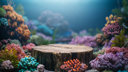 Wall Mural - a tree stump podium underwater themed coral reef background