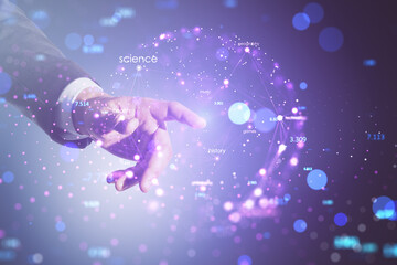 Aufkleber - Hand reaching for digital nodes with global connectivity on a dark blue background. Data network concept