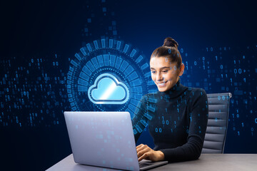 Poster - Attractive young european woman using laptop at desk with creative glowing cloud computing hologram with binary coding on dark blue background. Digital server, support and network concept.