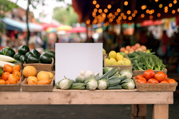 Poster - Blank white poster on the counter of the market with various vegetables