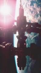Wall Mural - highly detailed huge spaceship approaching to the earth elements furnished by nasa, vertical