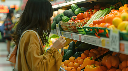 Wall Mural - Closeup woman shopping vegetables and fruits in a grocery supermarket store