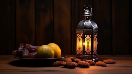 Wall Mural - Low light photo of Lantern, Dates fruit and rosary for Ramadan and Eid greeting