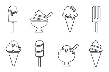 Ice cream line icon set, black outline on white. Balls in waffle cone, soft serve sundae in glass, popsicle on stick. Vector sign or png logo for web design, illustration of summer sweet snack.