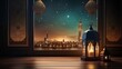 Ramadan Kareem background.Mosque window with lantern lightning and wooden table