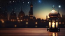 Ramadan Kareem Greeting Photo With Serene Mosque Background With Beautiful Glowing Lantern.