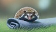 Close-up of a young hedgehog on the grass, Indonesia