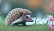 Close-up of a young hedgehog on the grass, Indonesia