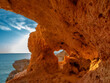 Hiking trails along the Atlantic ocean coast through caves, tunnels and gorges, Algar seco cliffs, Carvoeiro, Lagoa, Algarve, Portugal.