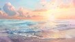 Soft hues of sunset grace the horizon in a peaceful watercolor beach scene, where gentle waves caress the shore and seagulls glide effortlessly through the evening sky.