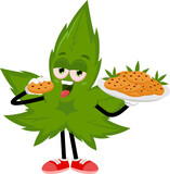 Fototapeta Dinusie - Funny Marijuana Leaf Cartoon Character Showing Best Cannabis Cookies. Vector Illustration Flat Design Isolated On Transparent Background