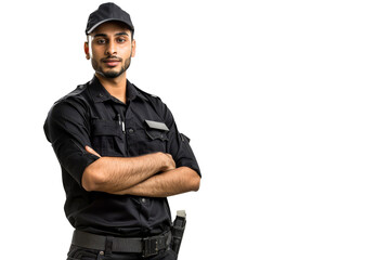 Confident Security Guard with Arms Crossed on White Background