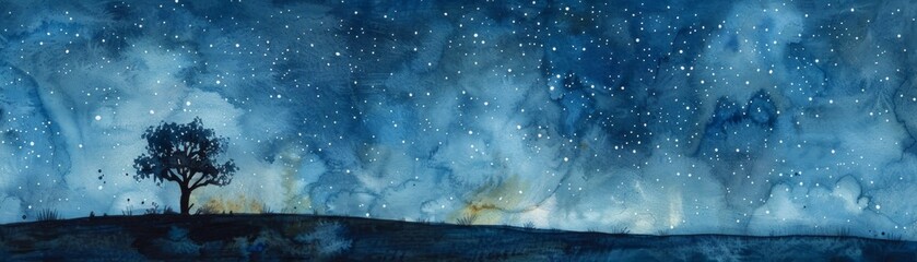 Tranquility fills the air in a dreamy watercolor scene depicting a starry night sky, with a lone tree silhouette adding depth and serenity to the enchanting celestial landscape.