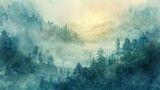 Fototapeta  - Awaken to the majestic beauty of a mountain sunrise landscape, where fog and snow create a breathtaking vista that captivates the soul.