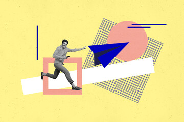 Aufkleber - Collage illustration picture of young guy uploading information in social medias telegram channel isolated on yellow color background