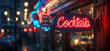 Cocktails Neon Sign Vintage. Cocktails sign in neon hanging in a bar window.