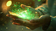A person holding a handheld device that emits a soothing green light and gentle vibrations for cognitive enhancement.