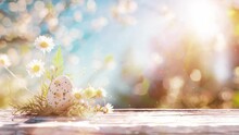 Beautiful Animated Happy Easter Composition, Sun Light Rays, Spring Time Environment, Painted Eggs, Floating Particles, Copy Space, 4k Seamless Loop