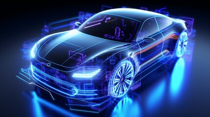 Poster - futuristic electric car with holographic wireframe digital technology on light white background