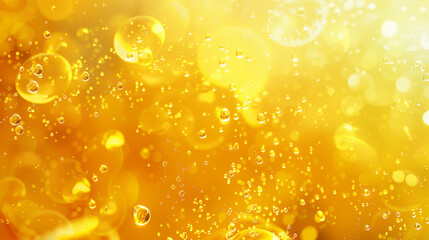 Wall Mural - Transparent shining yellow liquid with bubbles. Bright background with bokeh. Abstract sunny background for food design.