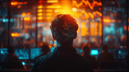 Wall Mural - In a bustling virtual classroom hologram projections of stock market graphs and currency symbols float above the heads of students. The instructor visible as a glowing silhouette