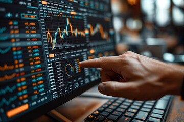 A persons hand points to financial graph on a computer screen analyzing market trends or stock data