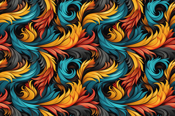 Wall Mural - seamless pattern with colorful leaves and branches of plants on black background. repeating ornament