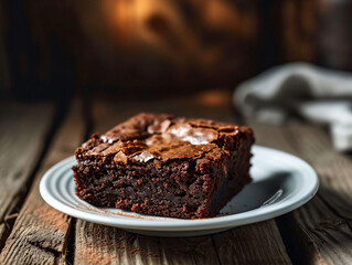 Wall Mural - A Freshly Baked Delicious Chocolate Cake Brownie on a White Plate