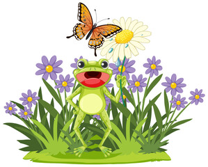 Wall Mural - Cheerful frog with butterfly on a daisy in bloom