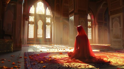In the mosque, a Muslim woman is praying.