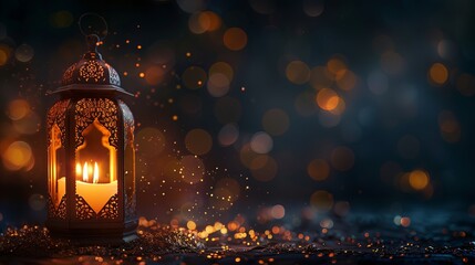 Wall Mural - Beautiful Arabic lantern with golden bokeh lights and a burning candle that glows at night. Festive greeting card and invitation for Ramadan Kareem, the Muslim holy month. dimly lit scene