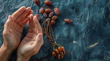 Wall Mural - Background concept for Ramadan Kareem: hands holding rosary beads with dates, fruit, and milk on a background of dark stone