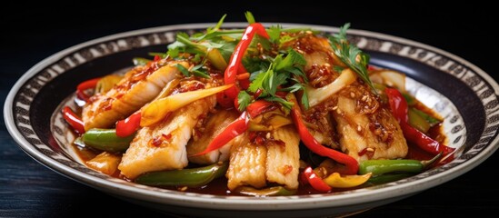 Sticker - A plate containing a Sichuan delicacy of fish fillet with pickled vegetables in a spicy lemon sauce is placed on a wooden table.