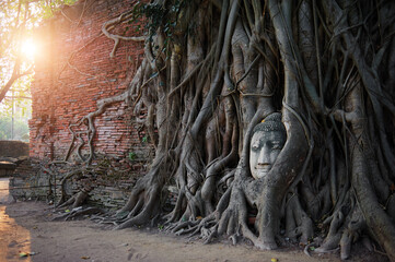 Canvas Print - Ancient Budha statue's face in the tree roots in Ayuthaya khmer temple, Thailand.