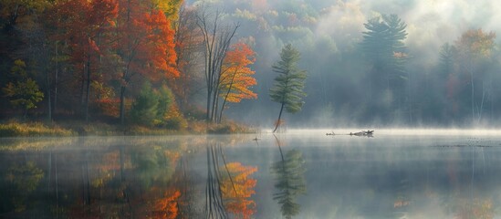 Wall Mural - A picturesque lake shrouded in mist with lush green trees creating a serene natural landscape reflected in the calm water on a foggy day.