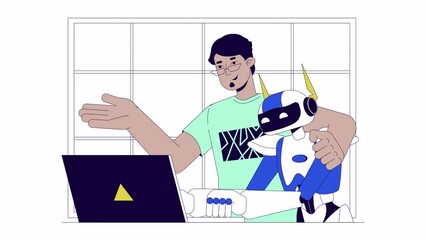 Poster - Software developer team line 2D animation. Binary code. Programming innovations 4K video motion graphic. Trends in computer technology linear animated cartoon flat concept, white background