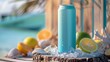 Mockup beverage cans light blue on a driftwood table with crushed ice surrounded by seashells and citrus slices. A serene coastal setting with white sands and azure waters to evoke freshness