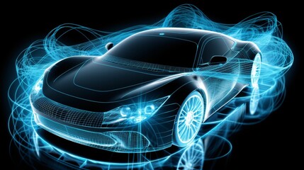Poster - futuristic electric car with holographic wireframe digital technology in white colors on background