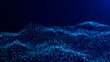 Abstract technology blue wave with motion glowing disperse dots. Dark cyberspace digital background. Connection big data. Futuristic wireframe texture. Dynamic glowing business backdrop.