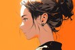 portrait in profile of pretty anime young woman with bun hairstyle on a orange background