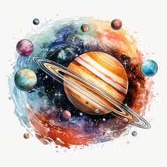 Wall Mural - watercolor multicolored planets in space on white background