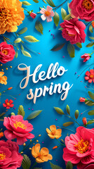 Wall Mural - Lettering spring season with plants, leaves and colorful flowers. Hello spring, 1 march concept. Template for greeting card, invitation, banner, poster