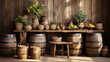 © siripimon2525 - Wine barrels with aging labels in a rustic setting created
