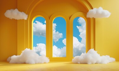 3d render, abstract background with blue sky inside the arch windows on the yellow wall. White clouds fly inside the room, Generative AI