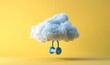 3d render, blue heavy weight is hanging under the levitating cloud, isolated on yellow background. Modern minimal scene. Abstract paradox metaphor, Generative AI